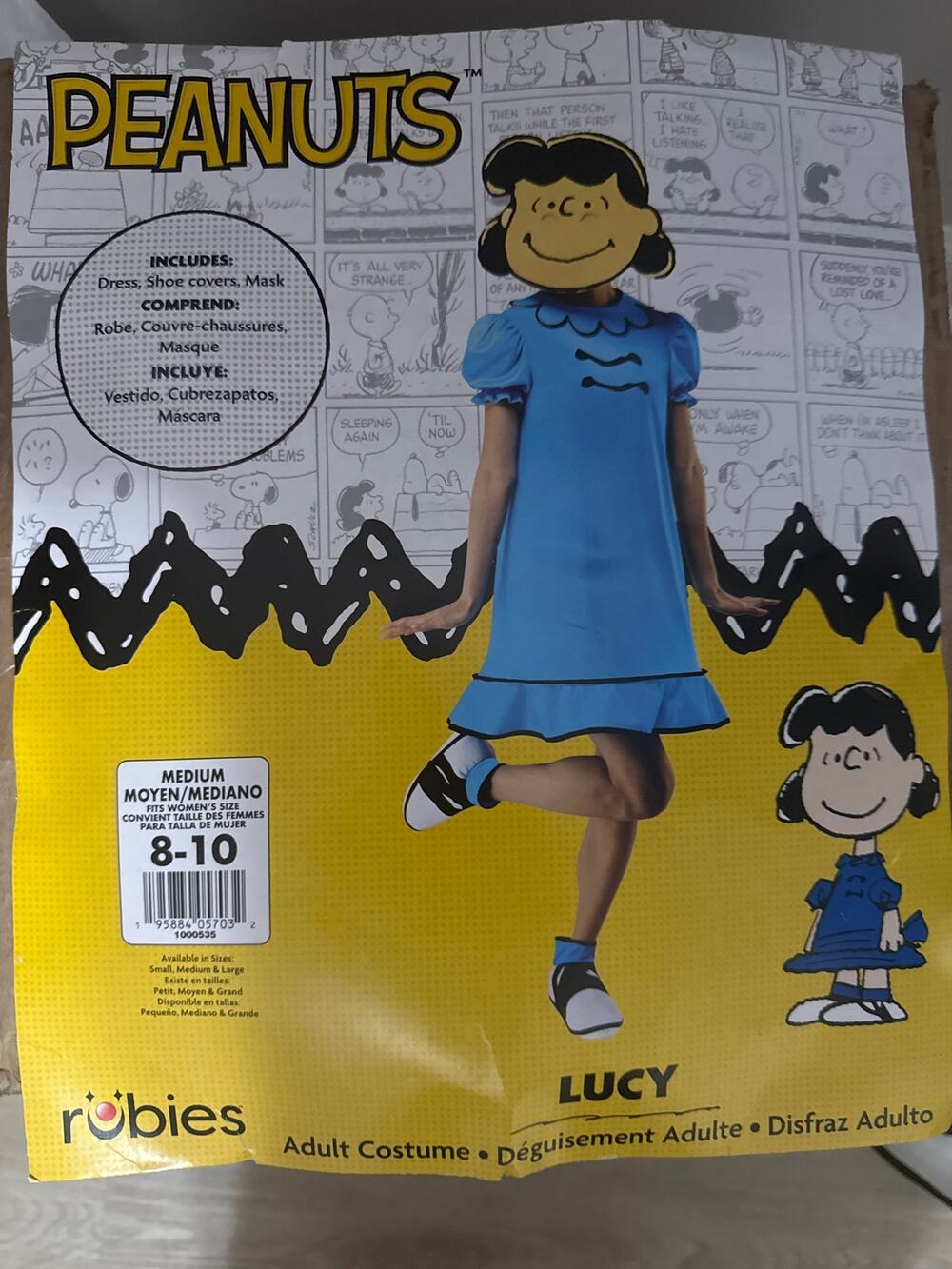 Rubie's Peanuts Lucy Adult Costume, Medium 8-10, Dress Shoe Covers Mask NWT